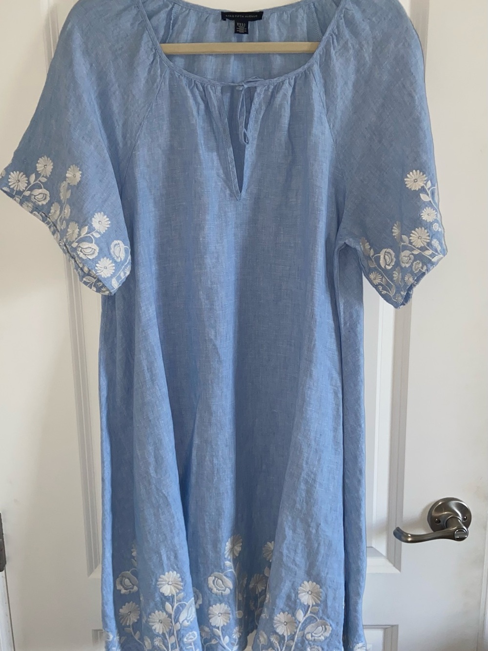Saks Fifth Avenue Light Blue Linen , dress with White Floral Embroidery